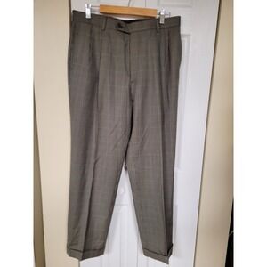 JOS A BANK Mens Plaid Wool Dress Pants Pleated Cuffed Business Casual 34x30